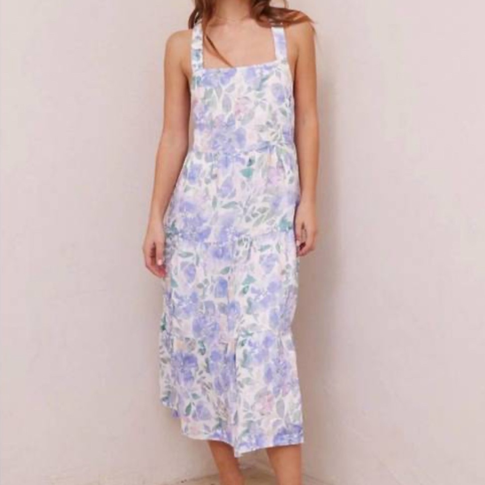 NWT Bella Dahl Scrunch Strap Tiered Lavender and Sage Floral Midi Dress Sz Med